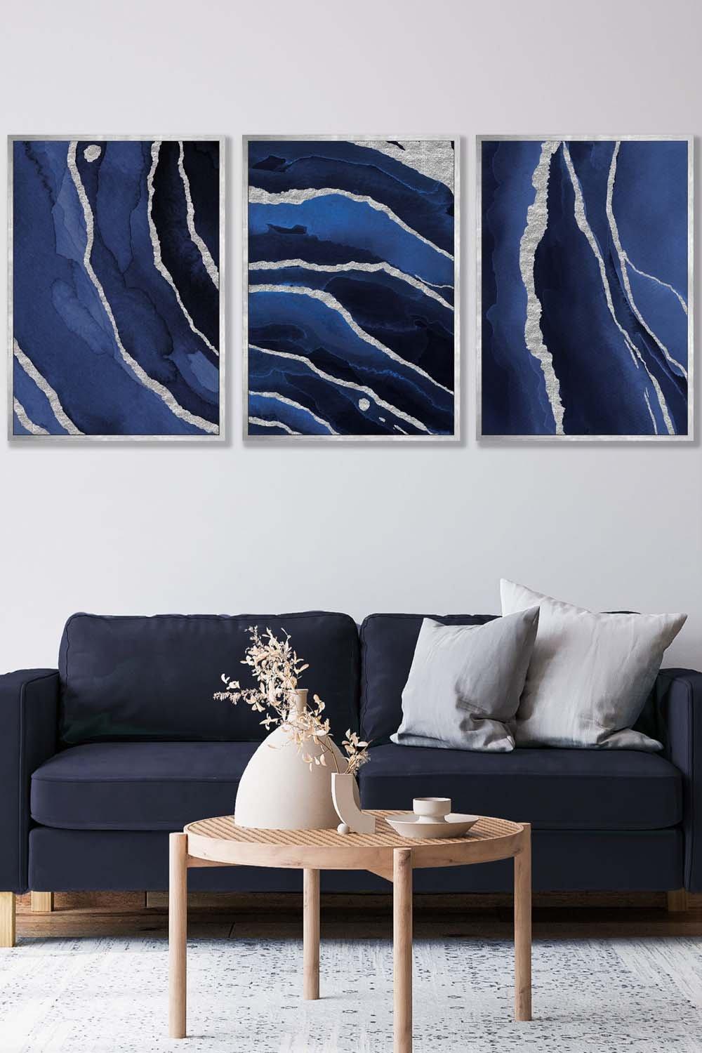 Abstract Navy Blue Silver Strokes Framed Wall Art - Large